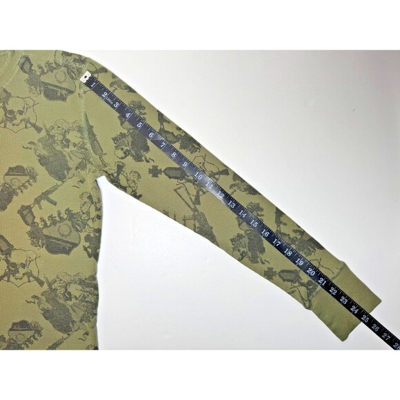 Our Silent Procession Henley Top Women Medium Green Skull Print Long Sleeve Y2K - Picture 9 of 11